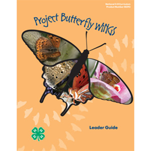 Project Butterfly Wings Leader Guide Booklet Cover Image. Creamy orange background with the outline of a butterfly in black with images of other butterflies, two in each wing.