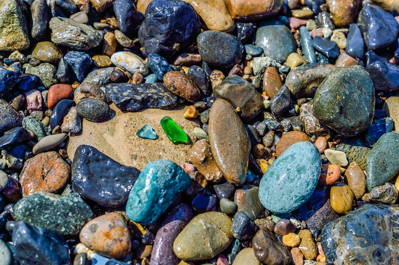 Many colorful rocks and sea glass