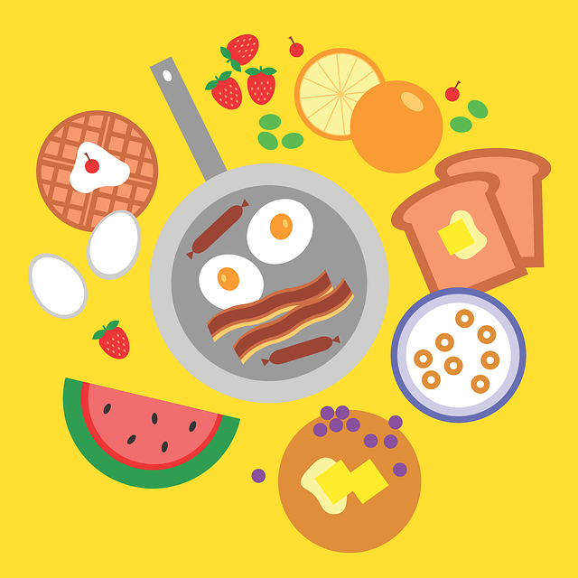 a clip art arrangement of breakfast food items scattered on a yellow background